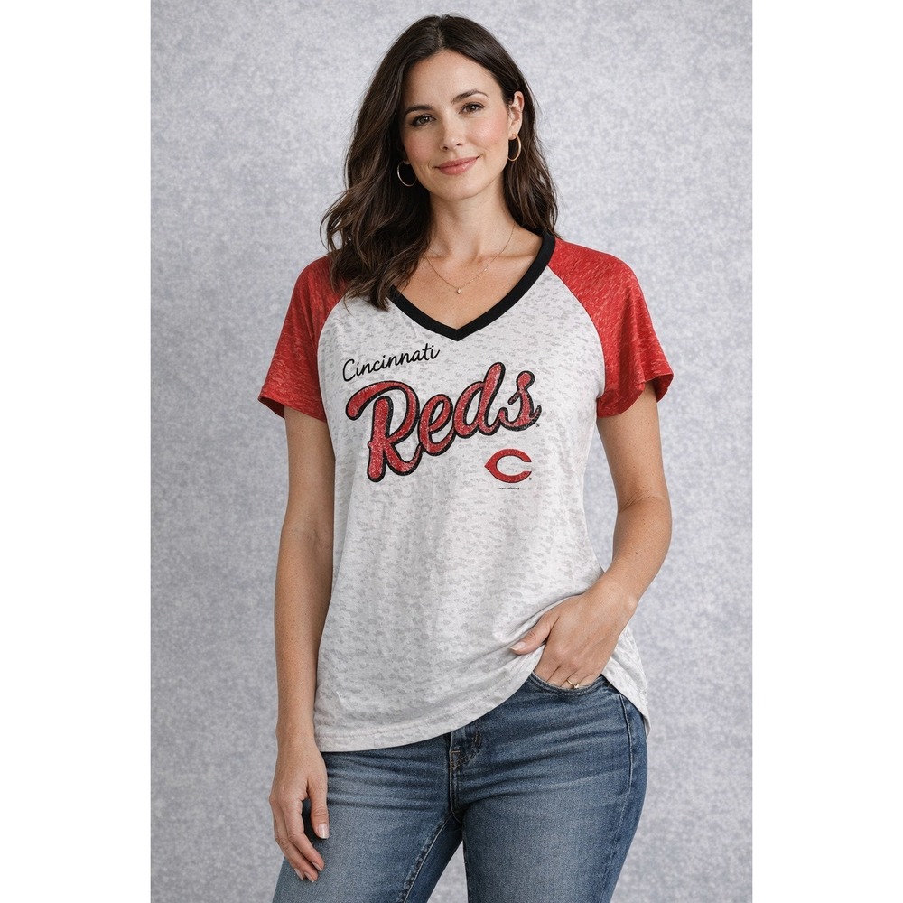 MLB Cincinnati Reds T-Shirt Women XL White Red Burnout V-Neck Raglan